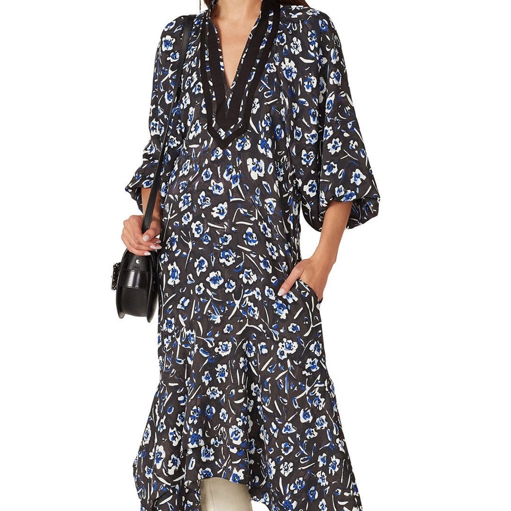 Tory Burch Black and Blue Floral Midi Dress